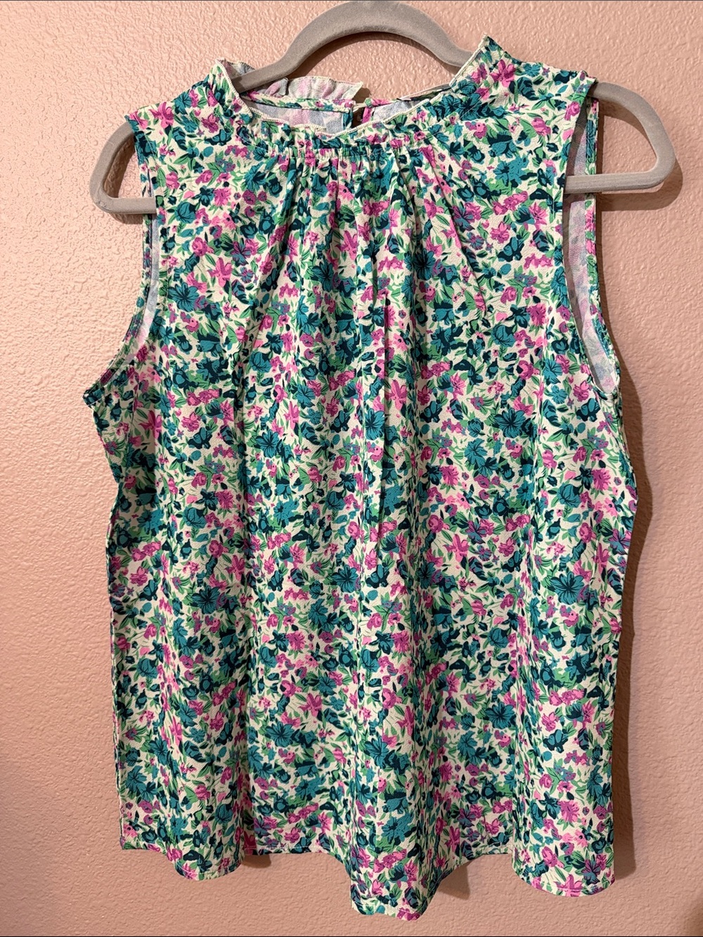 Sleeveless Floral Blouse in Teal & Pink